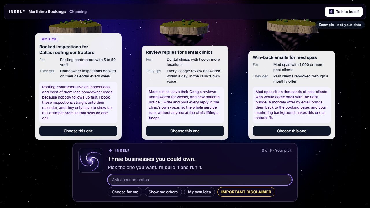 Three business options floating in space, each with who it's for, what they get and why Inself picked it